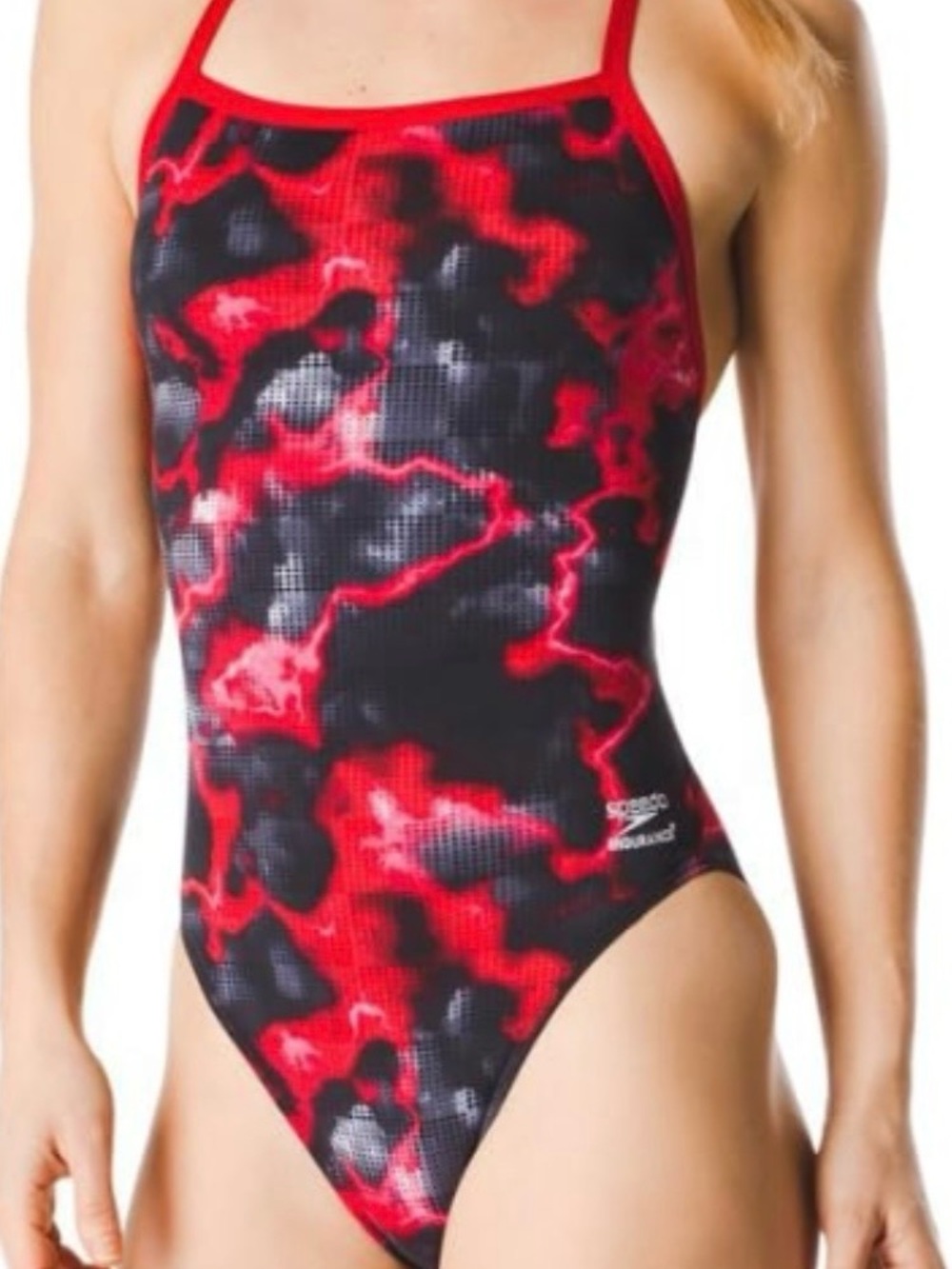 Speedo Endurance Plus Red Black Lightening Print One-Piece Swimsuit 3732